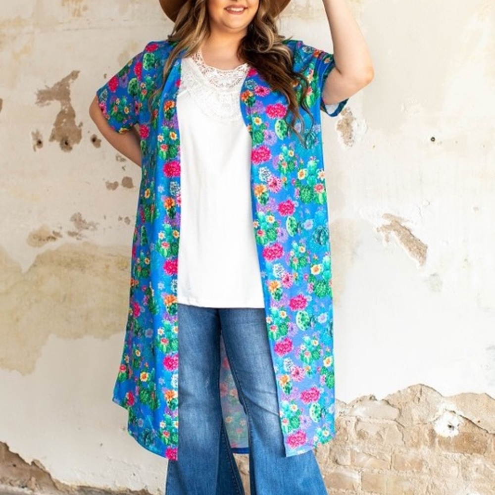 L&B Lucky & Blessed Plus Size Blue Cactus Colorful Short Sleeve Kimono Duster